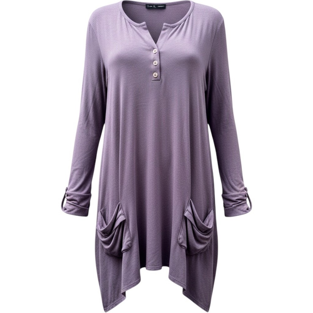 Kim & Cami Womens 2X Purple Henley Tunic Top Handkerchief Hem Pockets Long Slv